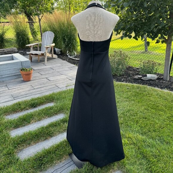 Vintage 70s Maxi Dress Black V-Neck Empire Waist Witchy Halter Gown - Picture 7 of 13